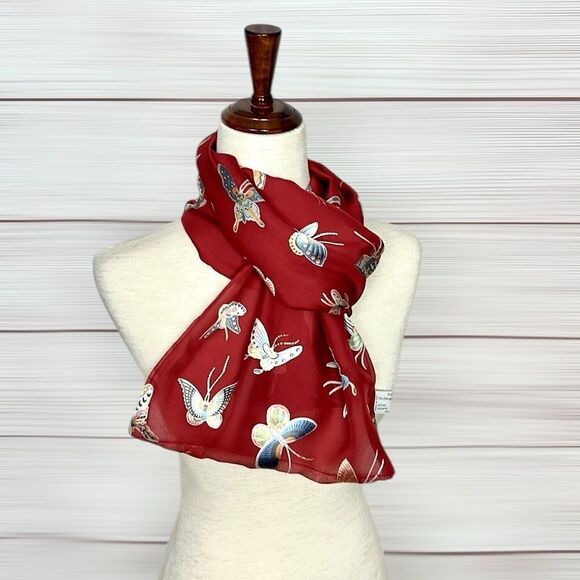 Metropolitan Museum of Art Silk Red Doubled Scarf Butterflies Print Italy - Picture 5 of 12
